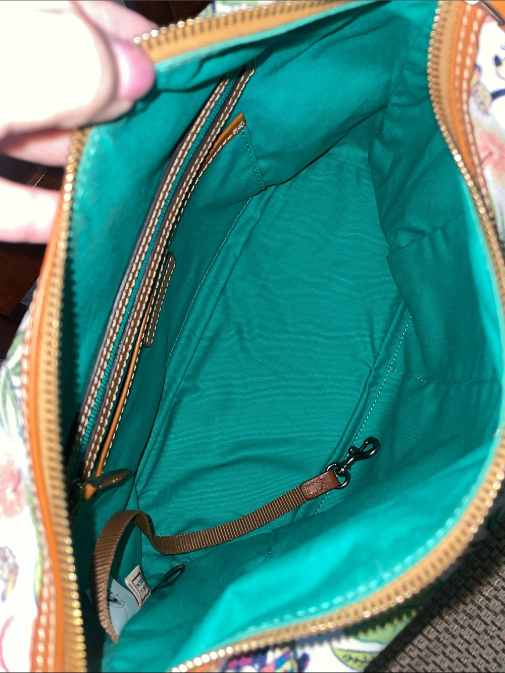 Dooney & Bourke White Canvas Tropical Floral Mickey Shoulder Bag with Tan Trim - Picture 5 of 7